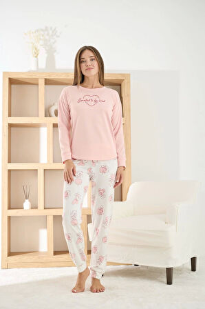 Pijamoni Kadın Termosoft Kumaş Bisiklet Yaka Açık Pembe Pijama Takımı - 7900