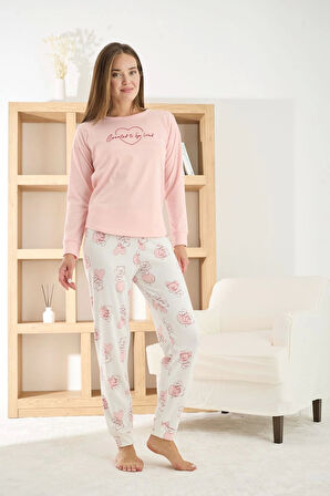 Pijamoni Kadın Termosoft Kumaş Bisiklet Yaka Açık Pembe Pijama Takımı - 7900