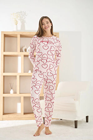 Pijamoni Kadın Petek Kumaş Kalp Desenli Bisiklet Yaka Pijama Takımı - 8915