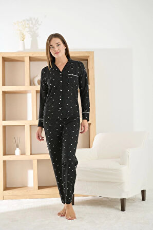 Pijamoni Kadın Petek Kumaş Önü Düğmeli Siyah Pijama Takımı - 8950
