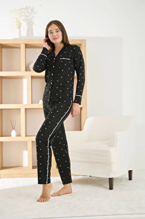 Pijamoni Kadın Petek Kumaş Önü Düğmeli Siyah Pijama Takımı - 8950