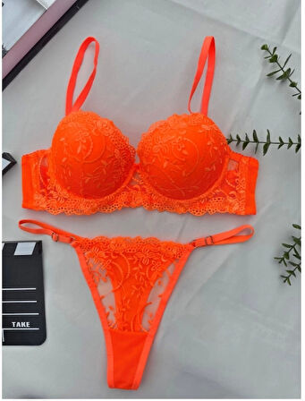 Arona Destekli Brode (Nakışlı) Turuncu Sütyen Takımı