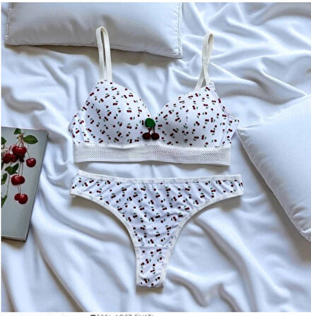 ARONA Kiraz Desenli Desteksiz Sütyen Takımı-Beyaz