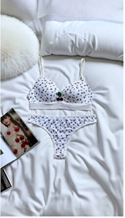 ARONA Kiraz Desenli Desteksiz Sütyen Takımı-Beyaz