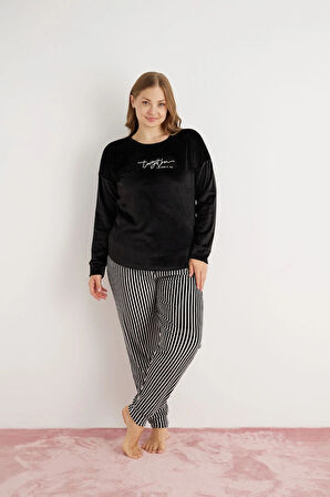 Pijamoni Kadın Büyük Beden Yumuşak Kadife Siyah Pijama Takımı