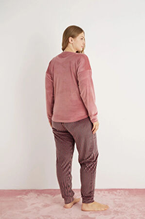 Pijamoni Kadın Büyük Beden Yumuşak Kadife Gül Kurusu Pijama Takımı