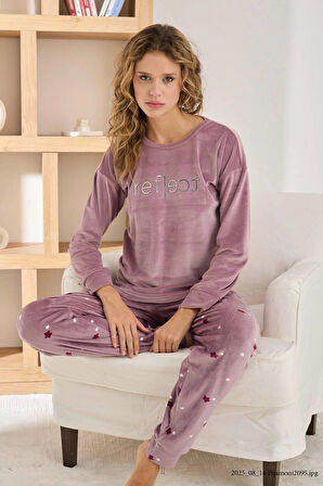 Pijamoni Kadın Fransız Kadife Lila Lüks Pijama Takımı