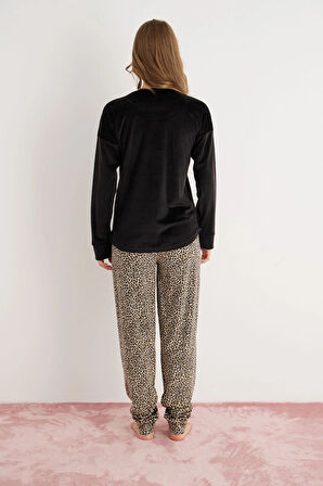 Pijamoni Kadın Fransız Kadife Leopar Detaylı Lüks Pijama Takımı