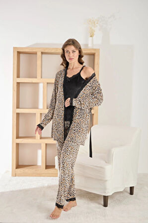 Pijamoni Kadın Fransız Kadife Kumaş İnce Leopar Desenli 3’lü Şık Pijama Takımı
