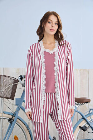 Pijamoni Kadın İpekli Kumaş Sabahlıklı 3’lü Şık Pijama Takımı - Gül Kurusu