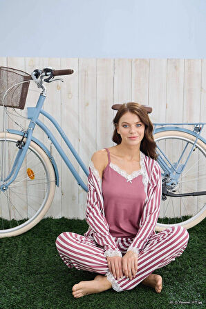 Pijamoni Kadın İpekli Kumaş Sabahlıklı 3’lü Şık Pijama Takımı - Gül Kurusu