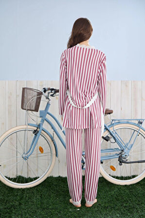 Pijamoni Kadın İpekli Kumaş Sabahlıklı 3’lü Şık Pijama Takımı - Gül Kurusu