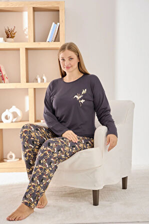 Pijamoni Kadın Büyük Beden Şık Sofia Kumaş Pijama Takımı - Antrasit