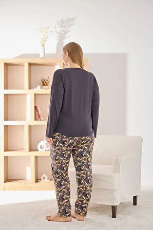Pijamoni Kadın Büyük Beden Şık Sofia Kumaş Pijama Takımı - Antrasit