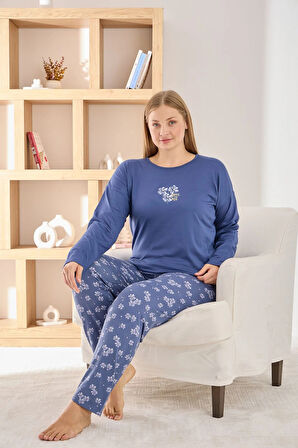 Pijamoni Kadın Büyük Beden Şık Sofia Kumaş Pijama Takımı - Lacivert