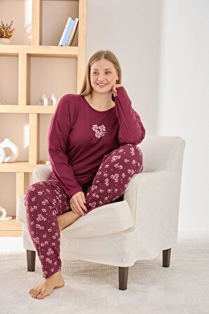 Pijamoni Kadın Büyük Beden Şık Sofia Kumaş Pijama Takımı - Mürdüm