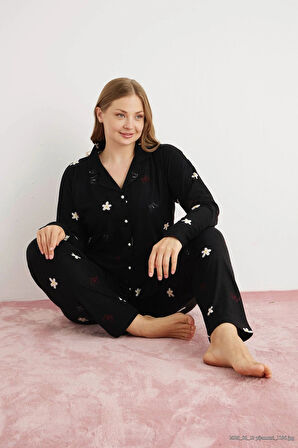 Pijamoni Kadın Büyük Beden Süet Kumaş Önü Düğmeli Şık Pijama Takımı - Siyah