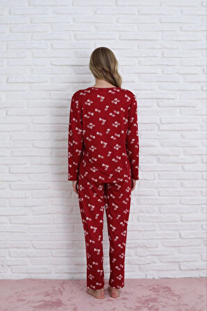 Pijamoni Kadın Milan Kumaş Bisiklet Yaka Yaprak Desenli Bordo Pijama Takımı - 7600