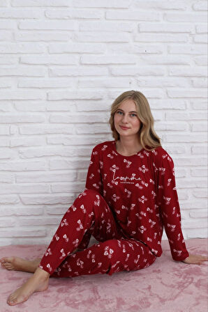 Pijamoni Kadın Milan Kumaş Bisiklet Yaka Yaprak Desenli Bordo Pijama Takımı - 7600