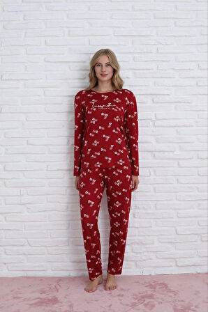 Pijamoni Kadın Milan Kumaş Bisiklet Yaka Yaprak Desenli Bordo Pijama Takımı - 7600