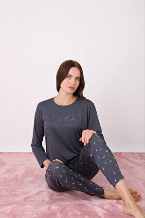 Pijamoni Kadın Milan Kumaş Bisiklet Yaka Antrasit Pijama Takımı - 7600