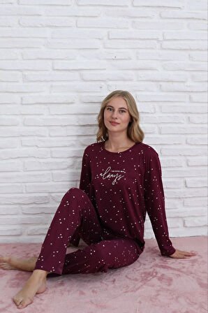 Pijamoni Kadın Milan Kumaş Bisiklet Yaka Vişne Çürüğü Pijama Takımı - 7600