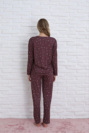 Pijamoni Kadın Milan Kumaş Bisiklet Yaka Mürdüm Pijama Takımı - 7600