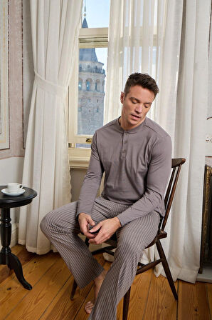 Pijamoni Erkek Penye Kumaş Düğmeli Yaka Vizyon Renk Pijama Takımı