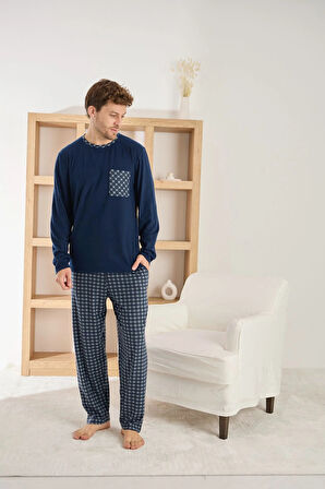 Pijamoni Erkek Bisiklet Yaka Cep Detaylı Lacivert Pijama Takımı
