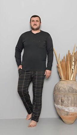 Pijamoni Erkek Büyük Beden Rahat Kesim Bisiklet Yaka Antrasit Pijama Takımı