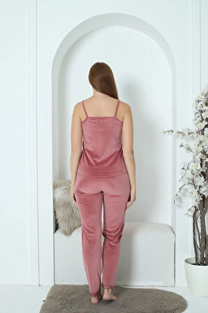 Pijamoni Kadın Fransız Kadife 3'lü Şık Askılı Gül Kurusu Pijama Takımı - 5545