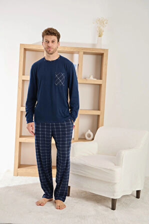 Pijamoni Erkek Uzun Kollu Kareli Cepli Kışlık Lacivert Pijama Takımı