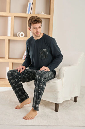 Pijamoni Erkek Uzun Kollu Kareli Cepli Kışlık Antrasit Pijama Takımı