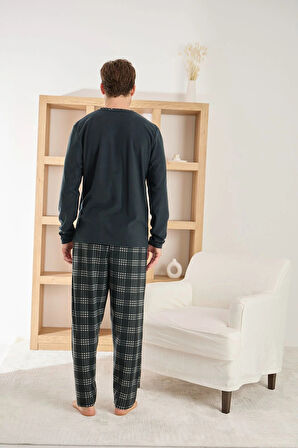 Pijamoni Erkek Uzun Kollu Kareli Cepli Kışlık Antrasit Pijama Takımı