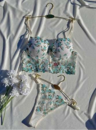 Arona Kadın Destekli Büstiyer Takımı Beyaz Üzeri Yeşil Çiçek Desenli