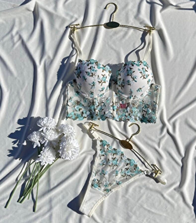 Arona Kadın Destekli Büstiyer Takımı Beyaz Üzeri Yeşil Çiçek Desenli