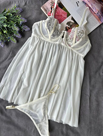 Arona Kadın Çiçek Desenli Brode Gecelik Takımı Ekru