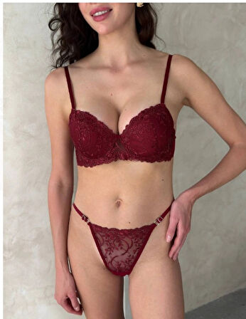 Arona Kadın Dolgusuz Balenli Brode Desenli Tanga Sütyen Takımı Bordo