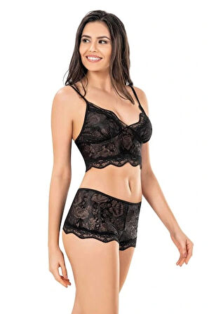 Ahu Primoda Kadın Jakarlı Dantelli Bralet Külot Takımı - Siyah
