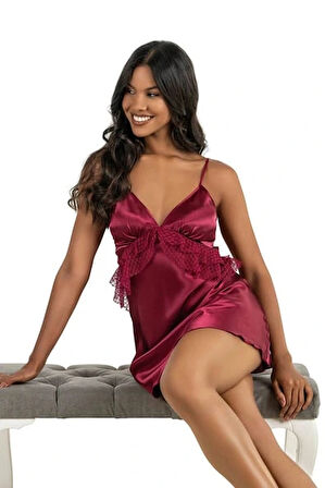 Ahu Kadın Saten Dantelli Fiyonklu Kısa Bordo Gecelik