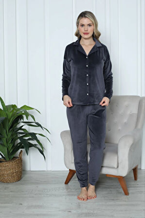 Pijamoni Kadın Yumuşak Kadife Önden Düğmeli Gömlek Yaka Füme Pijama Takımı