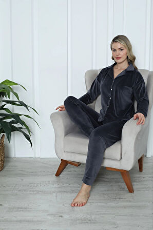 Pijamoni Kadın Yumuşak Kadife Önden Düğmeli Gömlek Yaka Füme Pijama Takımı