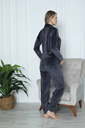 Pijamoni Kadın Yumuşak Kadife Önden Düğmeli Gömlek Yaka Füme Pijama Takımı