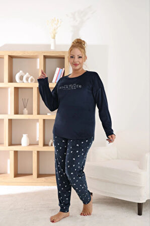 Pijamoni Kadın Büyük Beden Yumuşak Kadife Lacivert Pijama Takımı