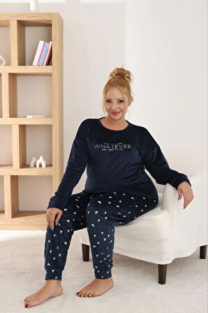 Pijamoni Kadın Büyük Beden Yumuşak Kadife Lacivert Pijama Takımı