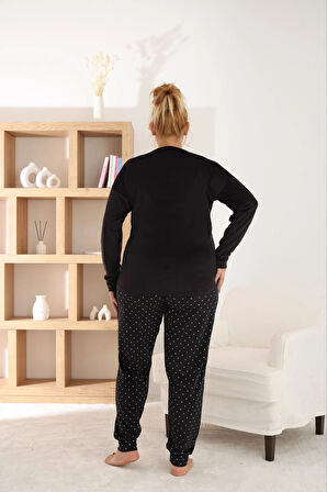 Pijamoni Kadın Büyük Beden Yumuşak Kadife Siyah Pijama Takımı