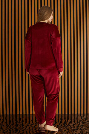 Pijamoni Battal Fransız Kadife Uzun Kollu Kadın Pijama Takımı 4220-9