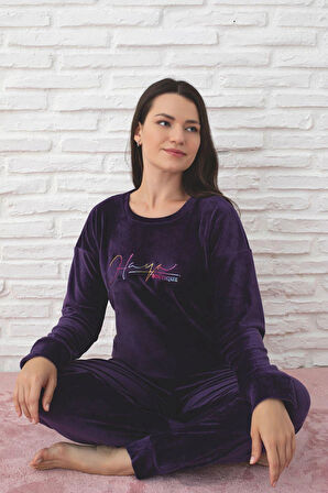 Pijamoni Kadın Yumuşak Kadife Bisiklet Yaka Mor Pijama Takımı