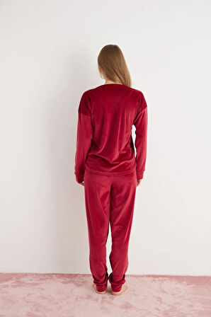 Pijamoni Kadın Yumuşak Kadife Bordo Pijama Takımı
