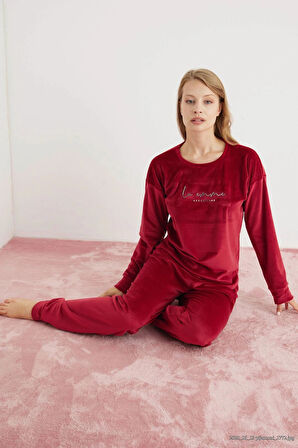 Pijamoni Kadın Yumuşak Kadife Bordo Pijama Takımı